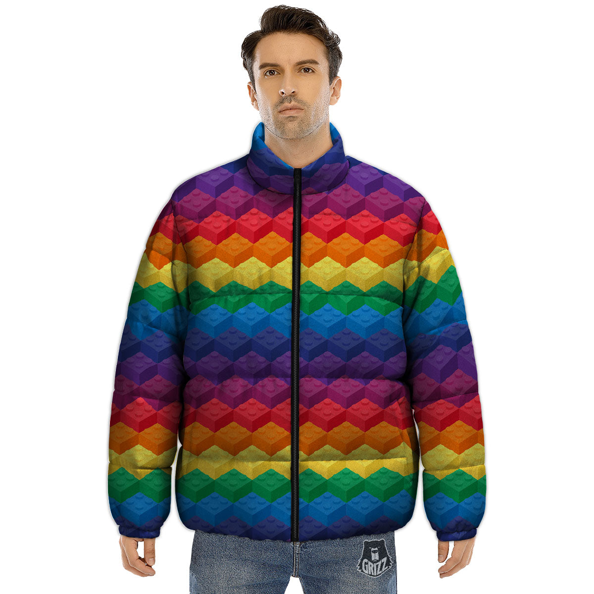 Plastic Blocks Building Print Pattern Puffer Jacket-grizzshop
