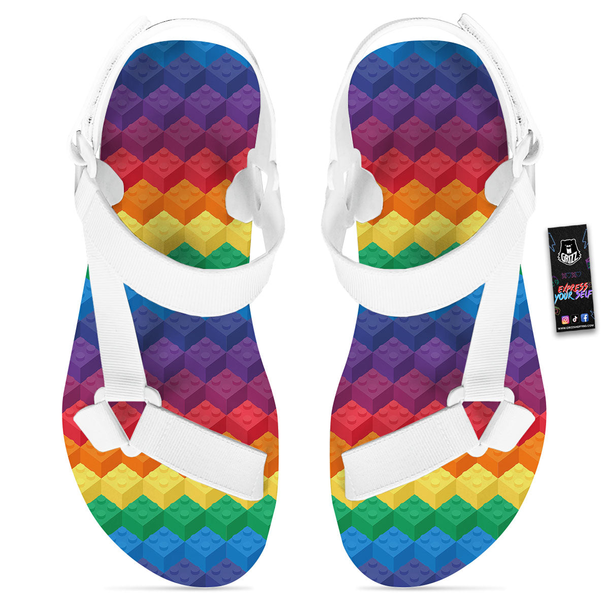 Plastic Blocks Building Print Pattern White Open Toe Sandals-grizzshop