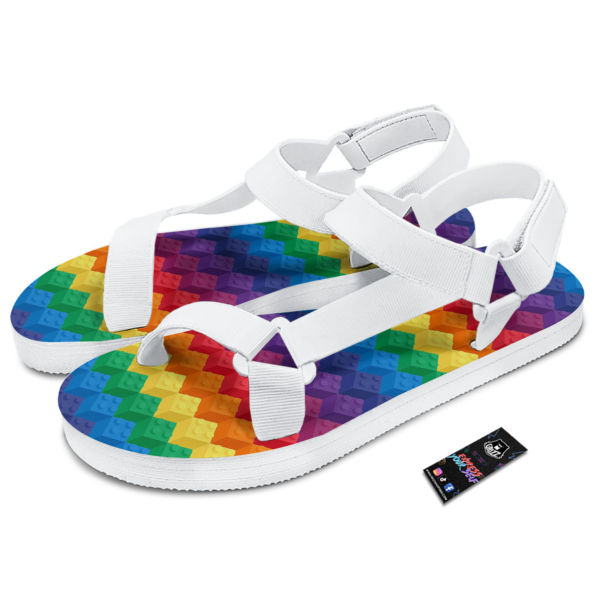 Plastic Blocks Building Print Pattern White Open Toe Sandals-grizzshop