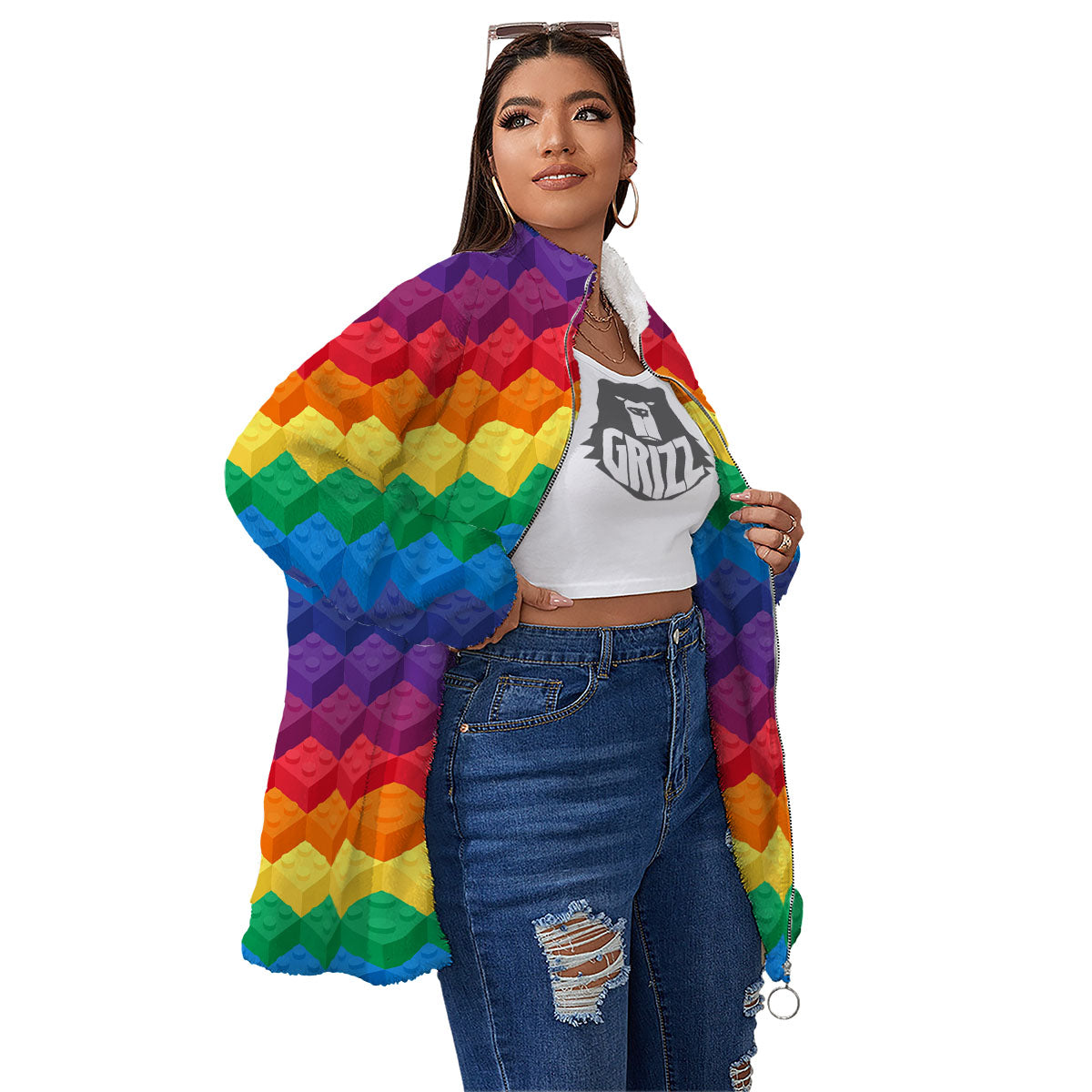 Plastic Blocks Building Print Pattern Women's Sherpa Jacket-grizzshop