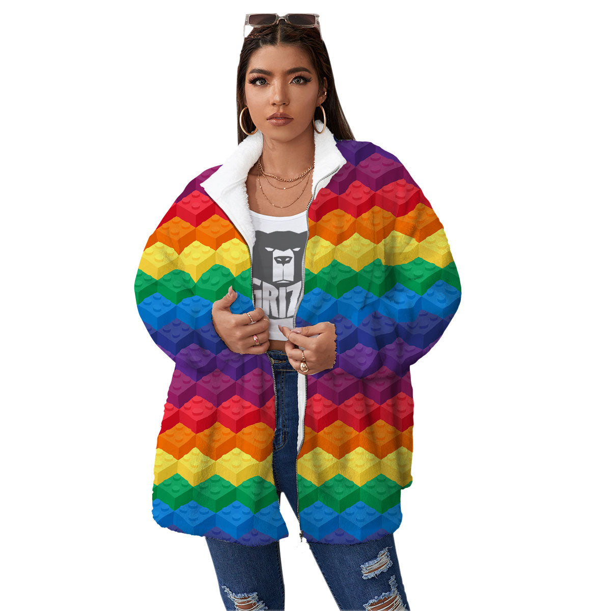 Plastic Blocks Building Print Pattern Women's Sherpa Jacket-grizzshop