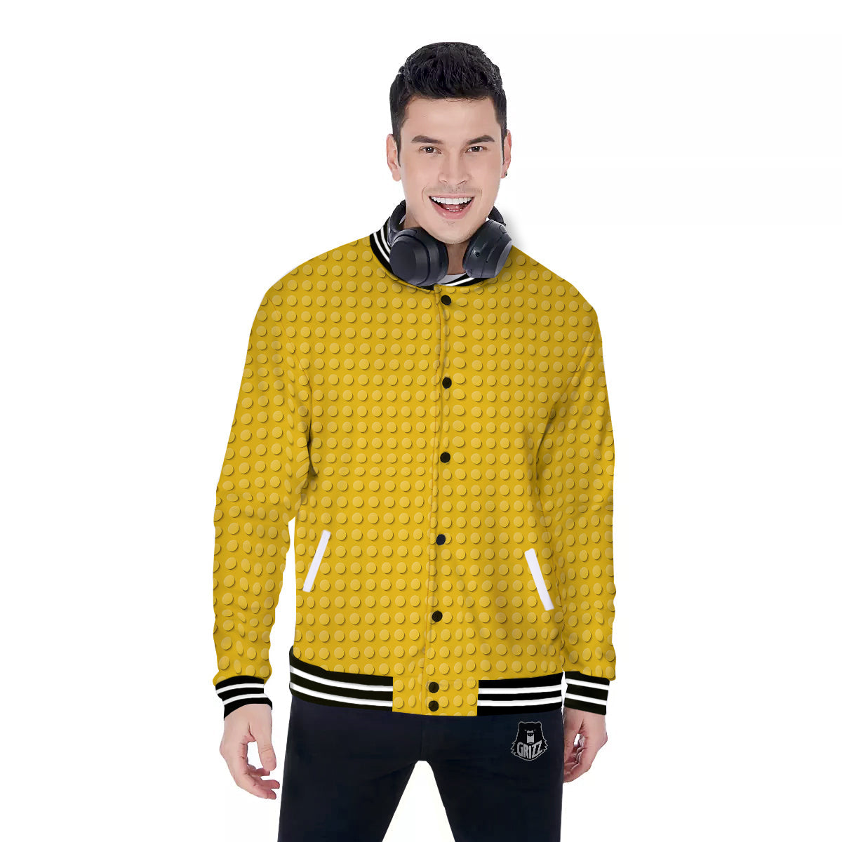 Plastic Building Blocks Yellow Print Pattern Baseball Jacket-grizzshop