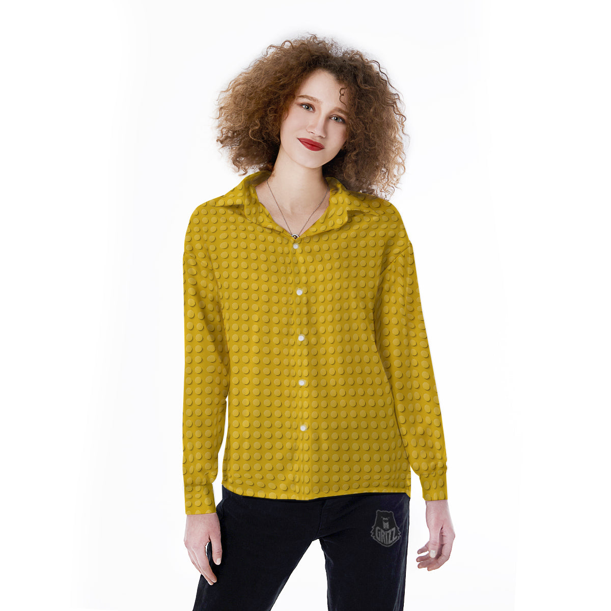 Plastic Building Blocks Yellow Print Pattern Women's Long Sleeve Shirts-grizzshop