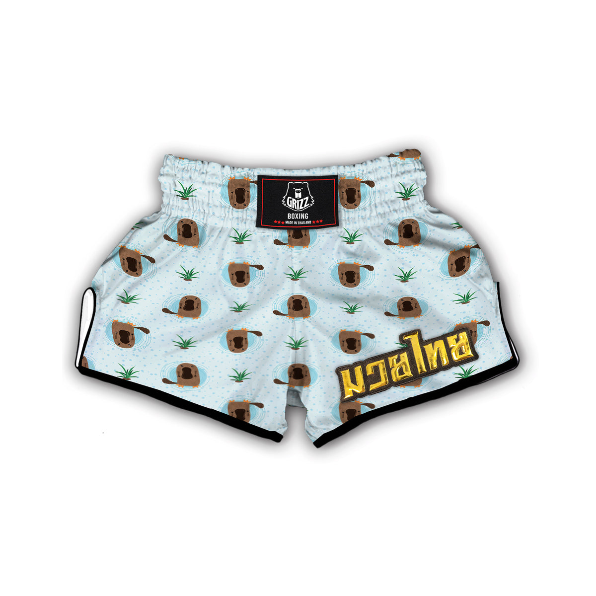 Platypus Hand Drawn Blue Print Pattern Muay Thai Boxing Shorts-grizzshop