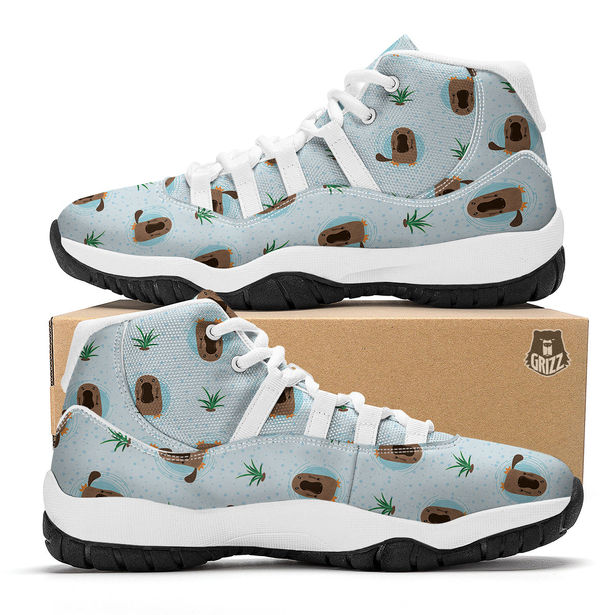Platypus Hand Drawn Blue Print Pattern White Bball Shoes-grizzshop