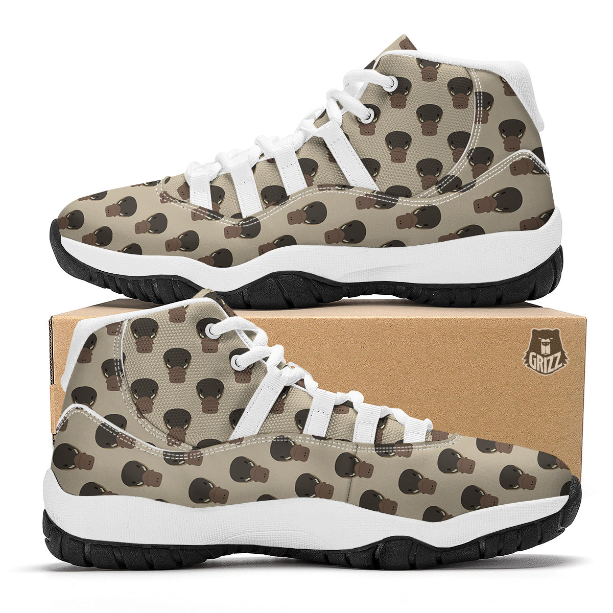 Platypus Head Brown Print Pattern White Bball Shoes-grizzshop