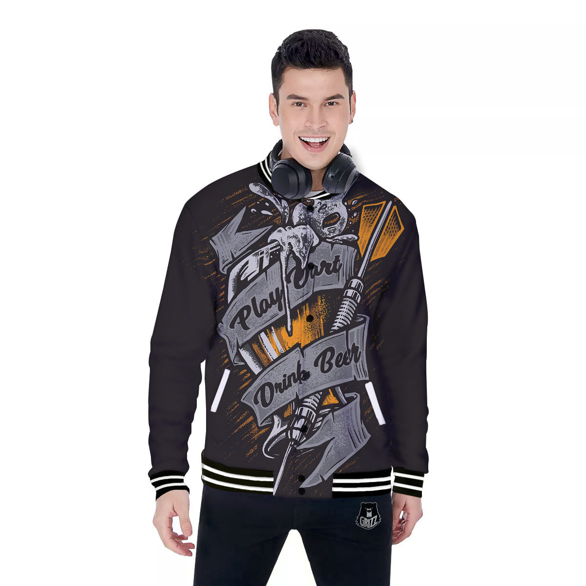 Play Dart Drink Beer Print Baseball Jacket-grizzshop