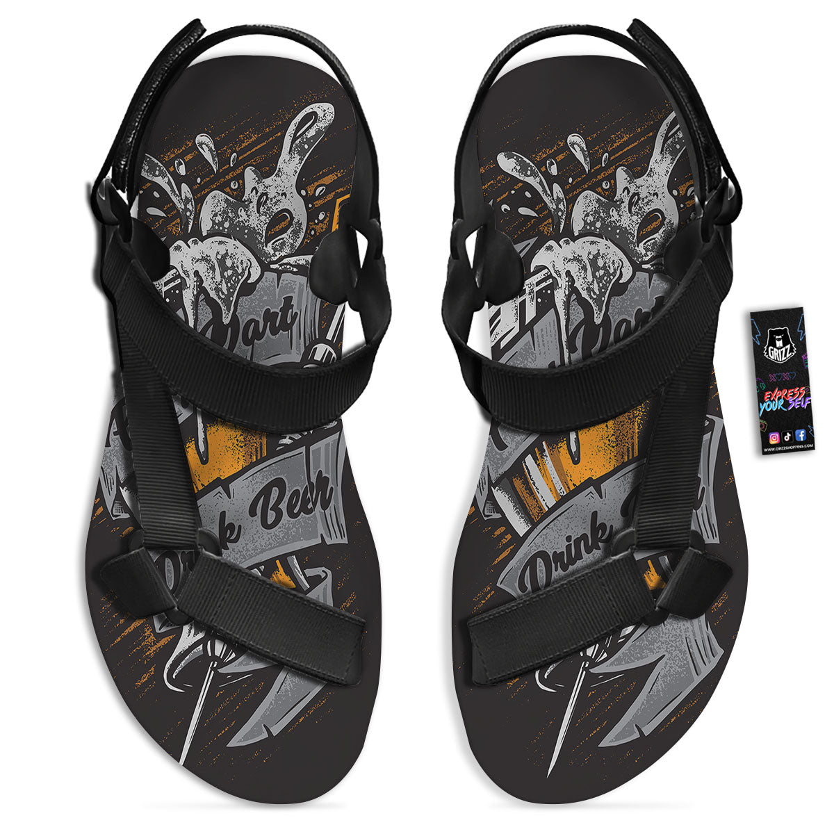 Play Dart Drink Beer Print Black Open Toe Sandals-grizzshop