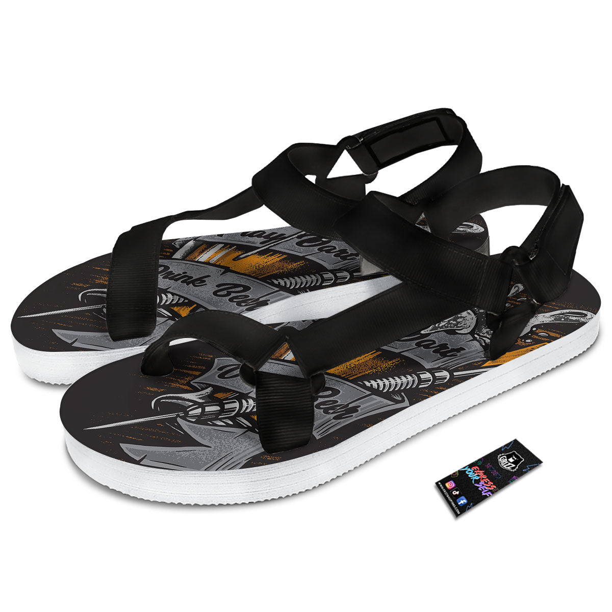 Play Dart Drink Beer Print Black Open Toe Sandals-grizzshop