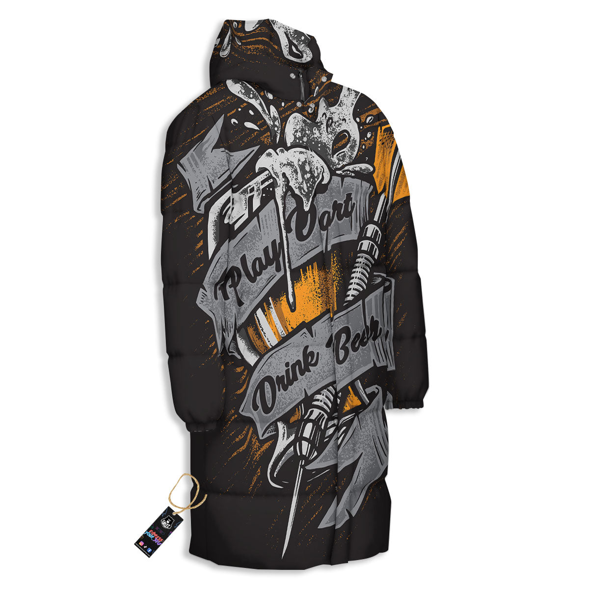 Play Dart Drink Beer Print Long Down Jacket-grizzshop