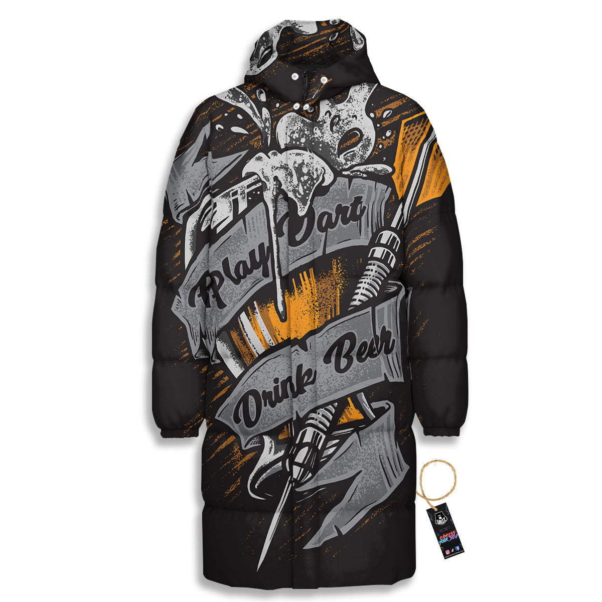Play Dart Drink Beer Print Long Down Jacket-grizzshop