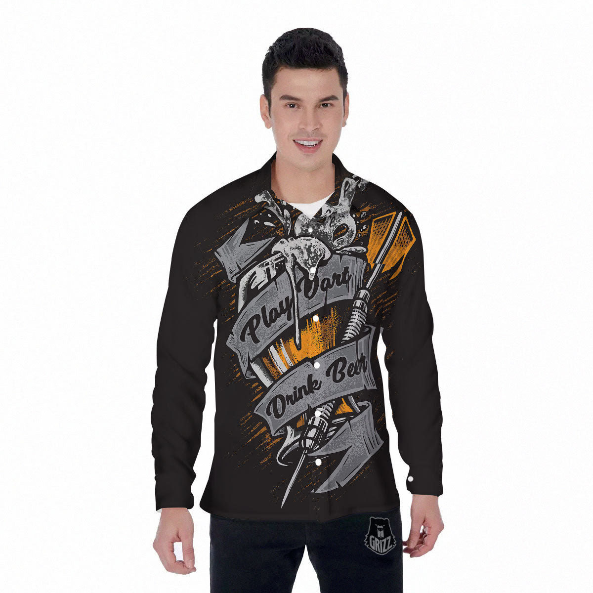 Play Dart Drink Beer Print Men's Long Sleeve Shirts-grizzshop