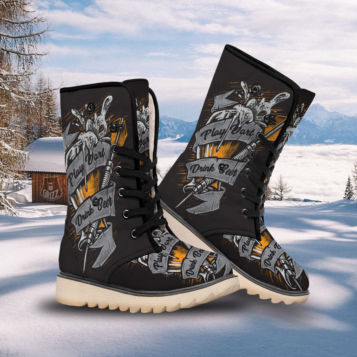 Play Dart Drink Beer Print Snow Boots-grizzshop
