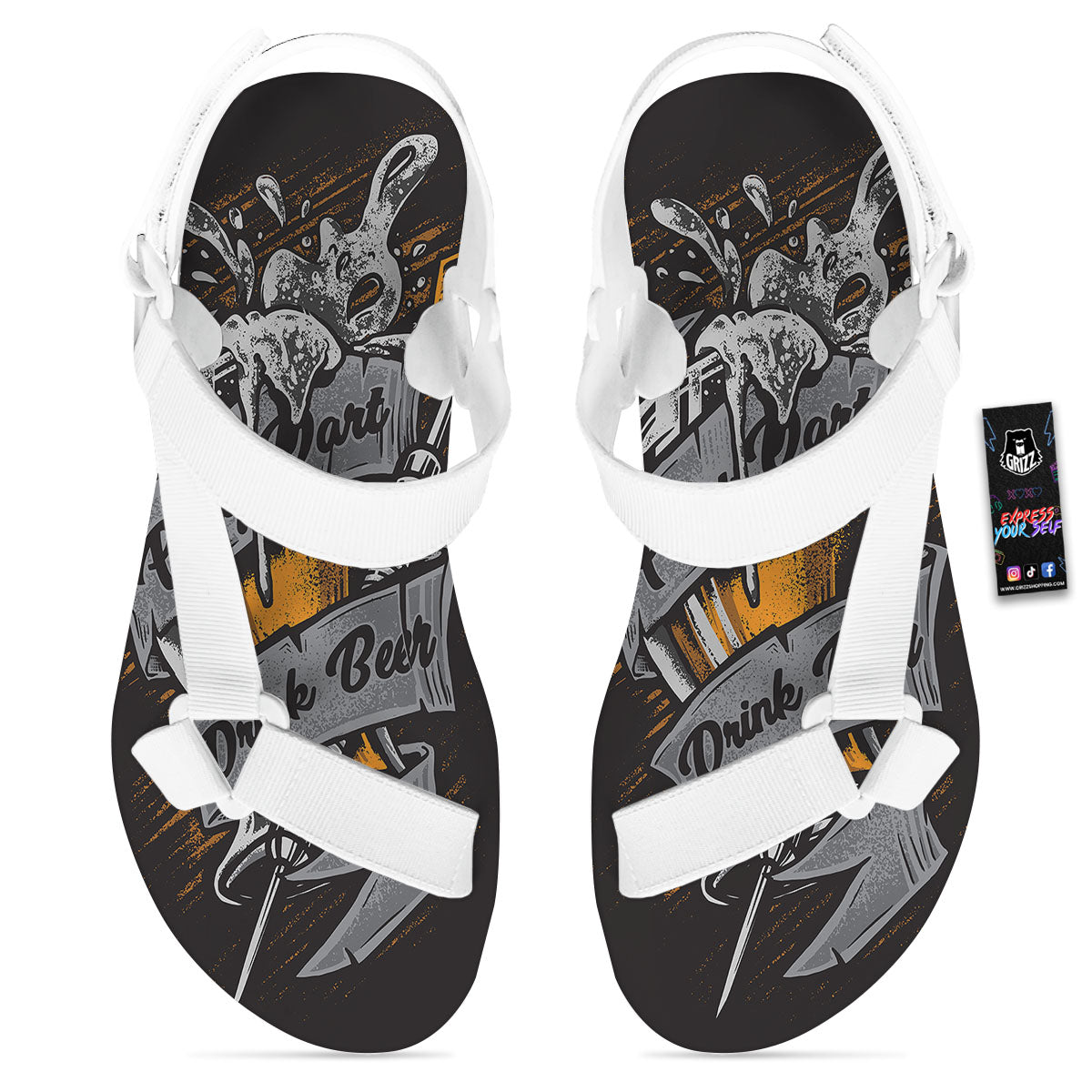 Play Dart Drink Beer Print White Open Toe Sandals-grizzshop