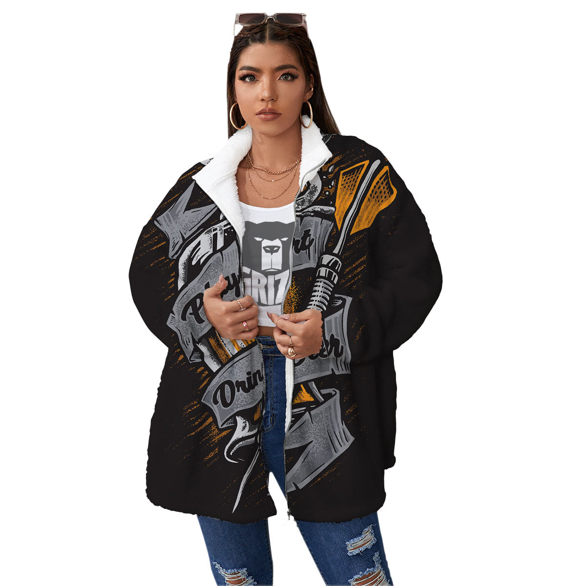 Play Dart Drink Beer Print Women's Sherpa Jacket-grizzshop