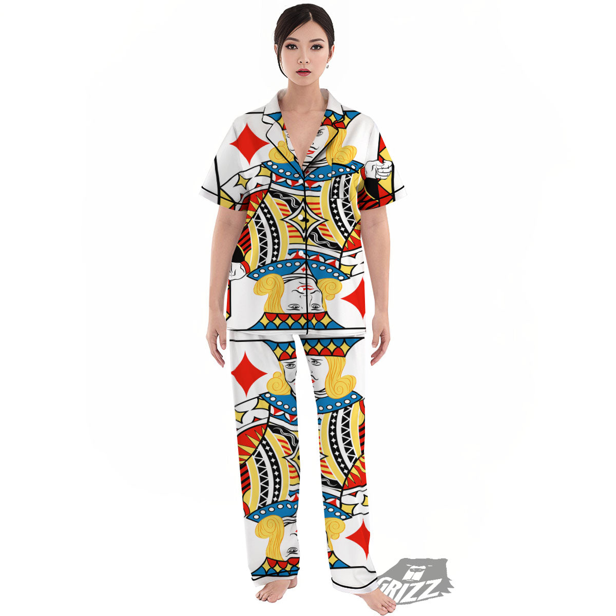 Playing Card Jack Of Diamonds Print Women's Pajamas Set-grizzshop