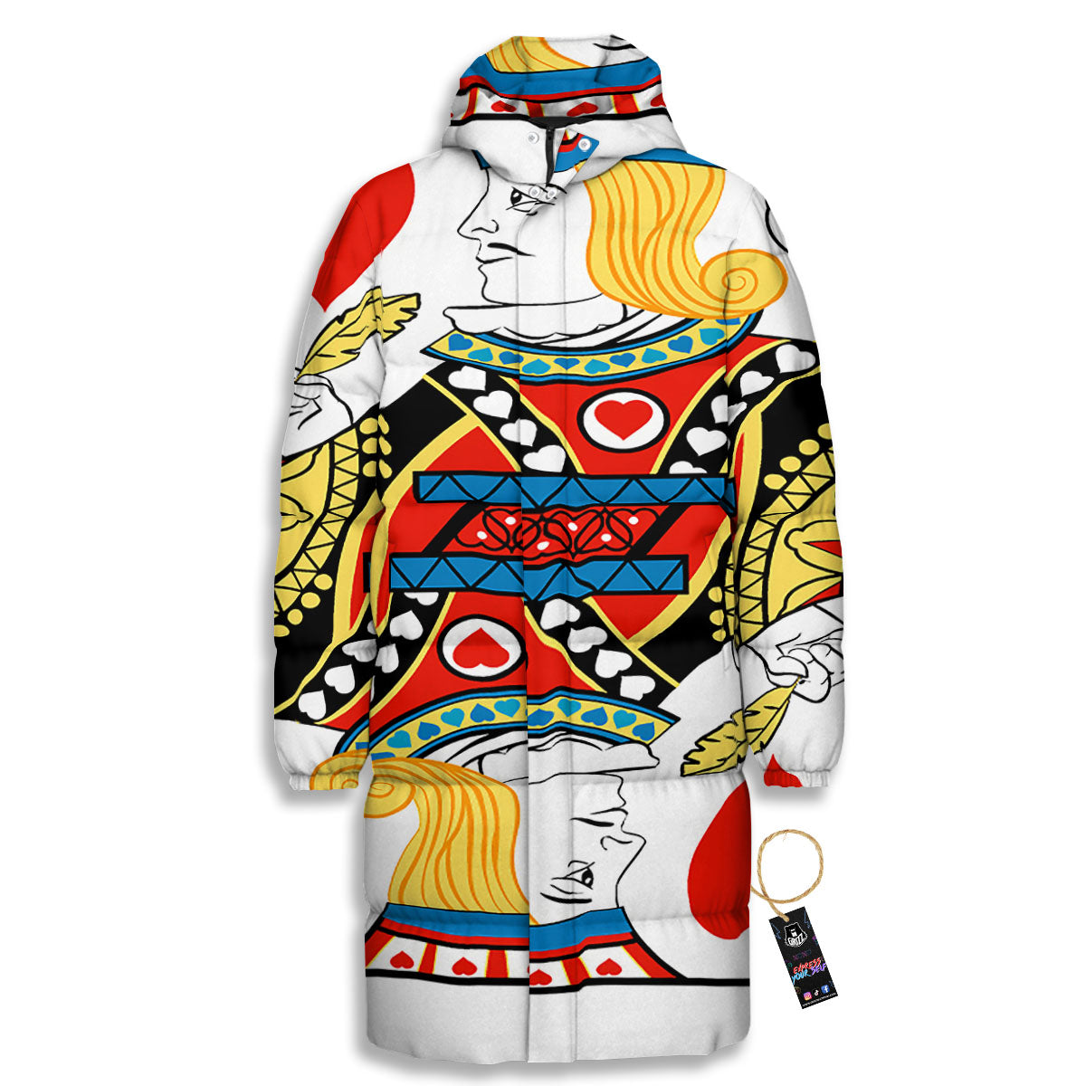 Playing Card Jack Of Hearts Print Long Down Jacket-grizzshop