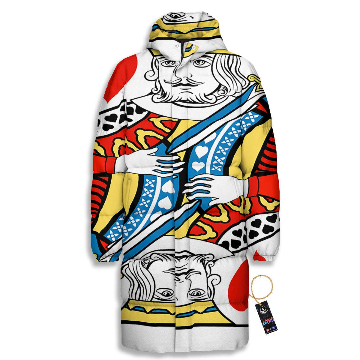 Playing Card King Of Hearts Print Long Down Jacket-grizzshop
