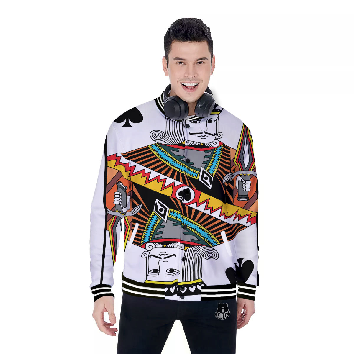 Playing Card King Of Spades Print Baseball Jacket-grizzshop