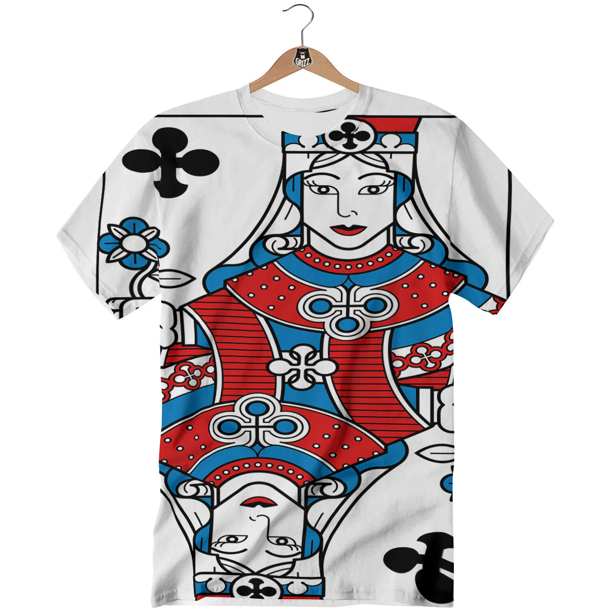 Playing Card Queen Of Clubs Print T-Shirt-grizzshop