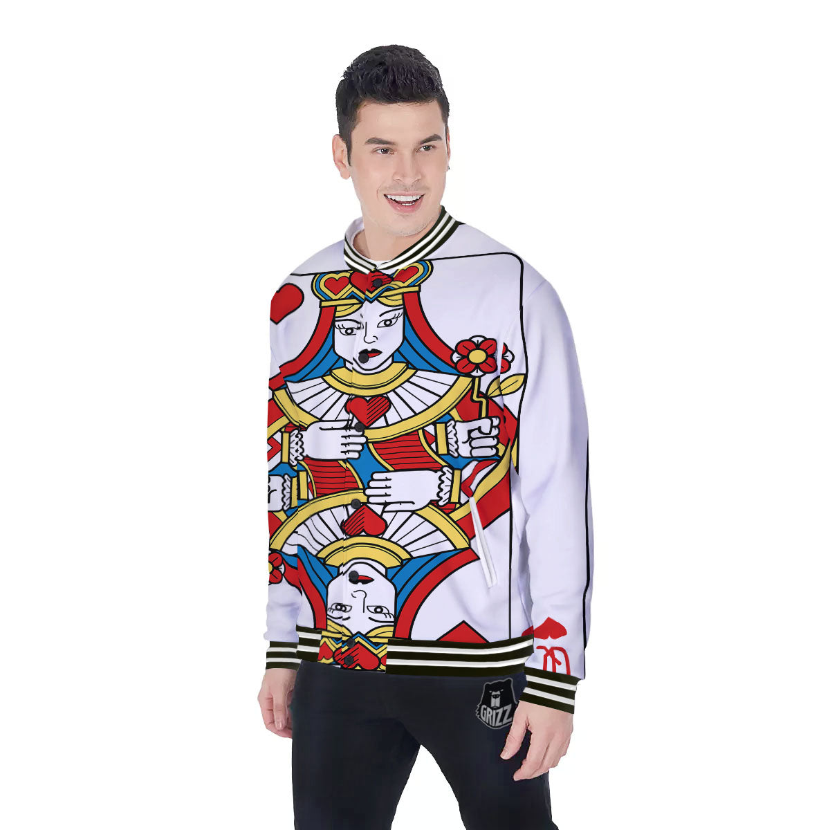Playing Card Queen Of Hearts Print Baseball Jacket-grizzshop