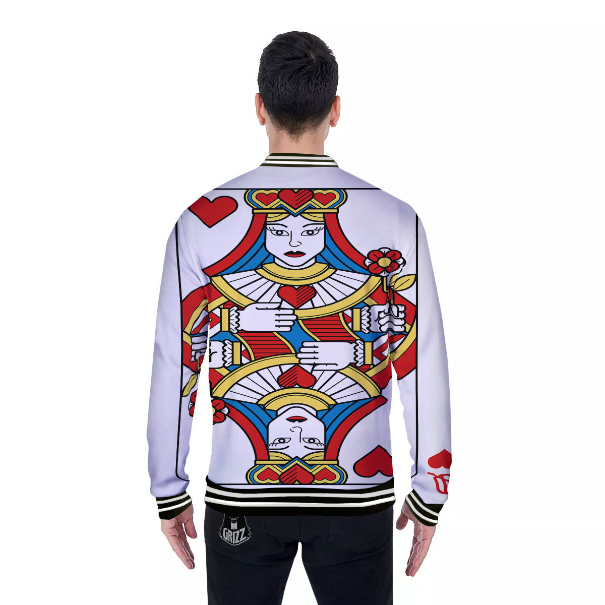Playing Card Queen Of Hearts Print Baseball Jacket-grizzshop
