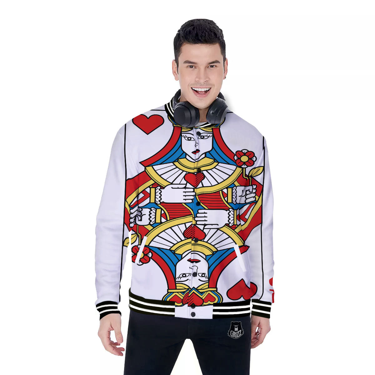 Playing Card Queen Of Hearts Print Baseball Jacket-grizzshop