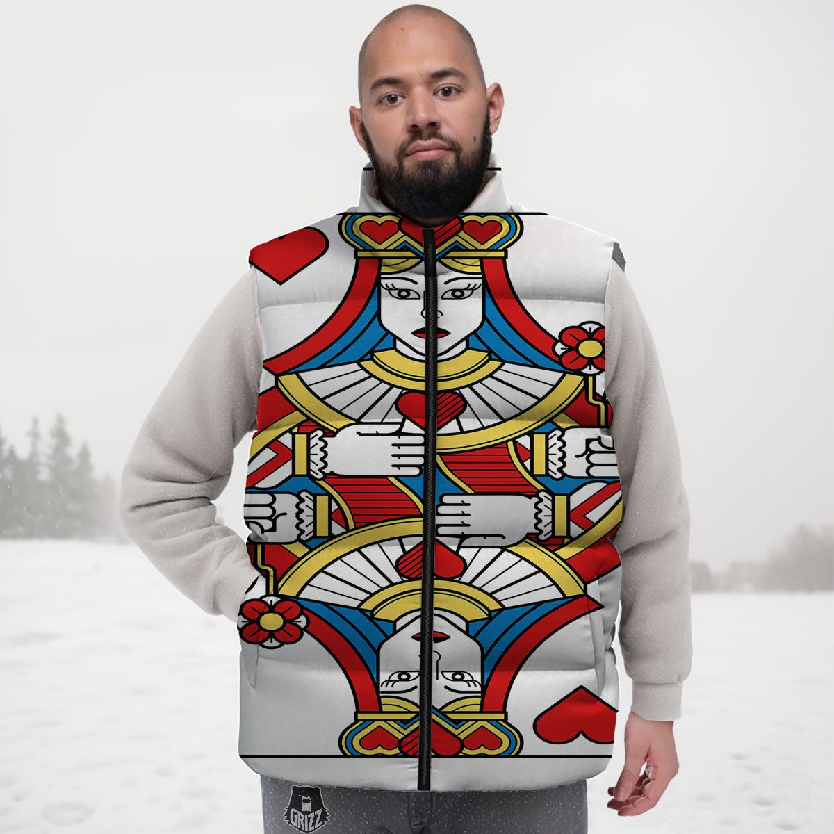 Playing Card Queen Of Hearts Print Down Vest