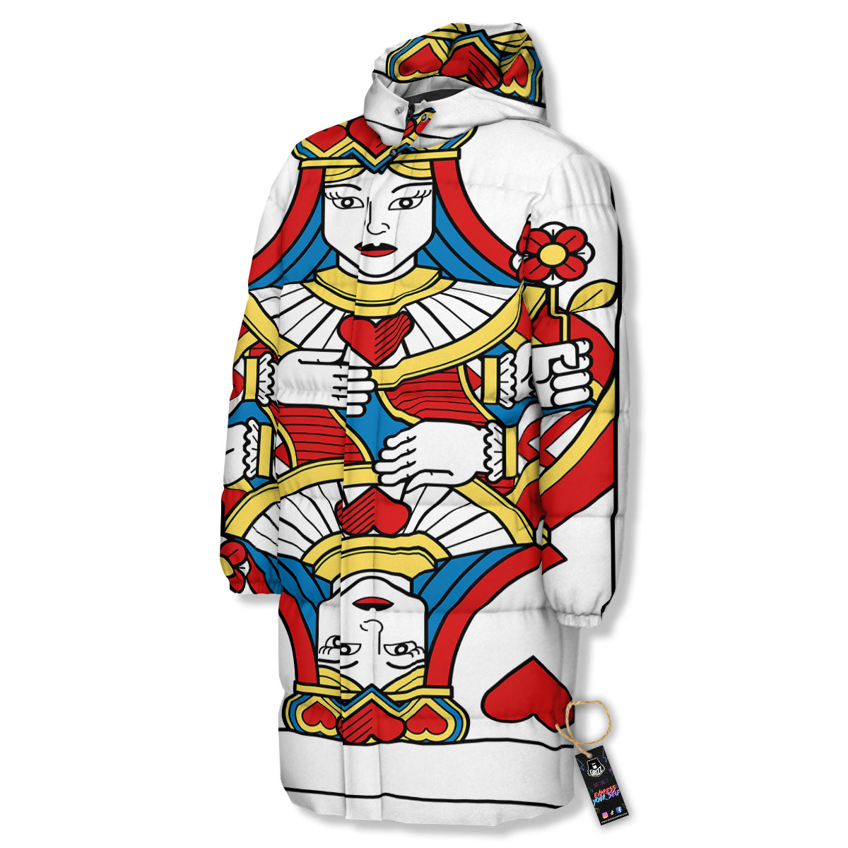 Playing Card Queen Of Hearts Print Long Down Jacket-grizzshop