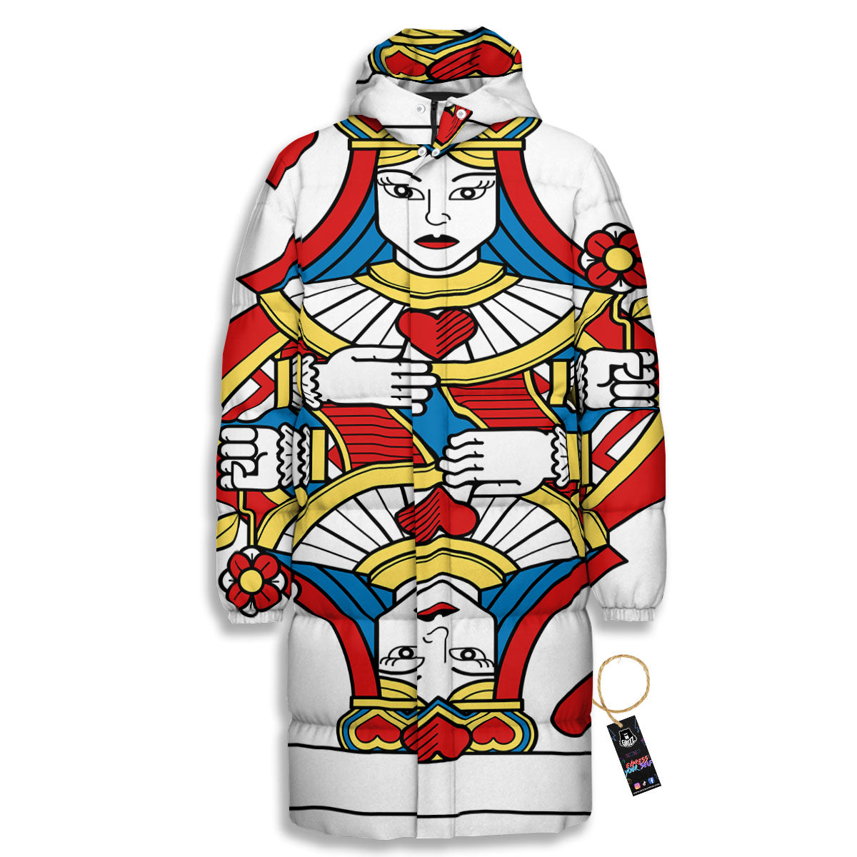 Playing Card Queen Of Hearts Print Long Down Jacket-grizzshop