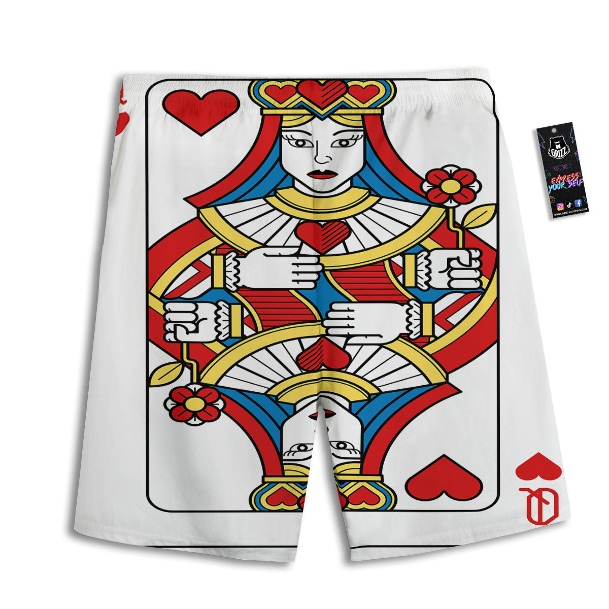 Playing Card Queen Of Hearts Print Men's Athletic Shorts