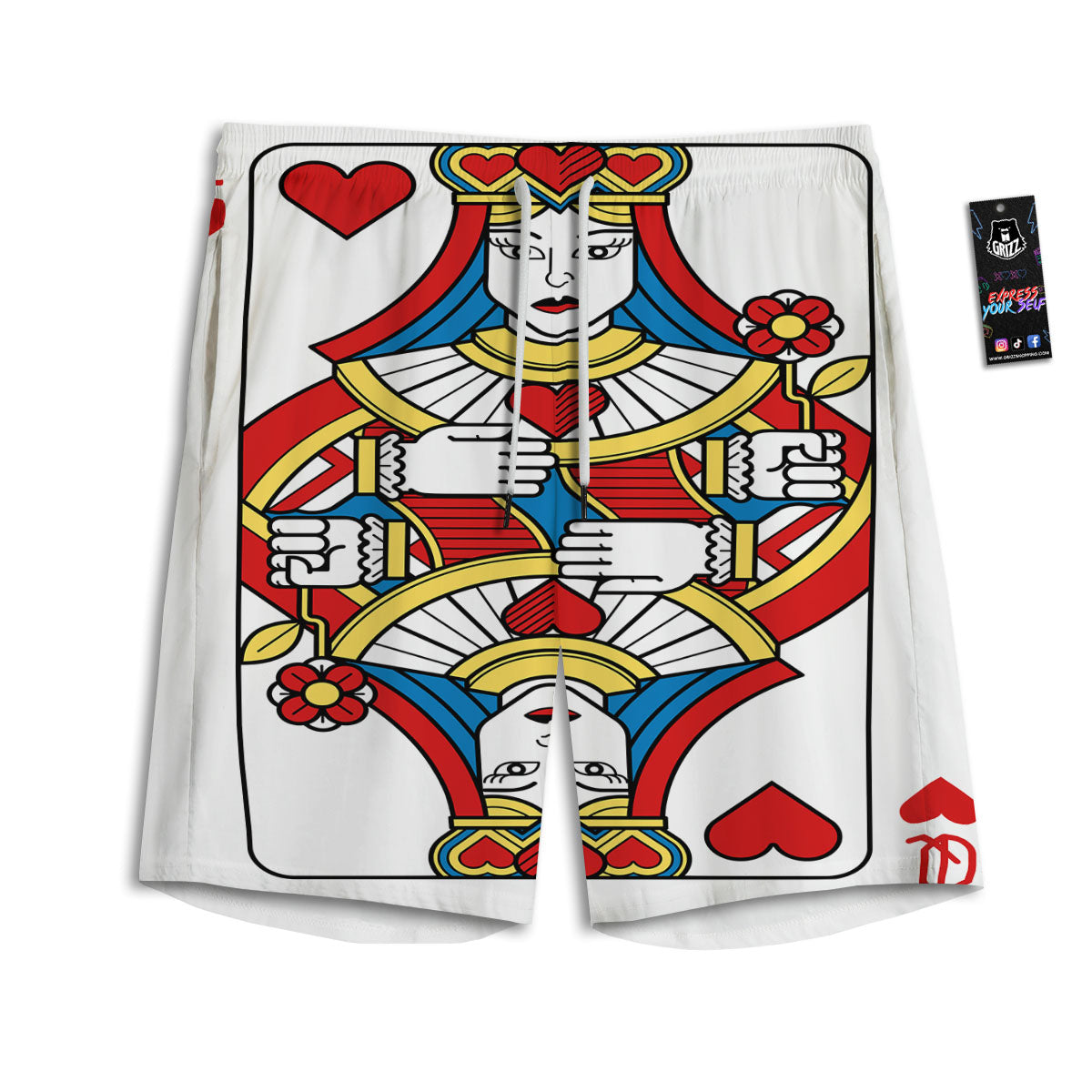 Playing Card Queen Of Hearts Print Men's Athletic Shorts