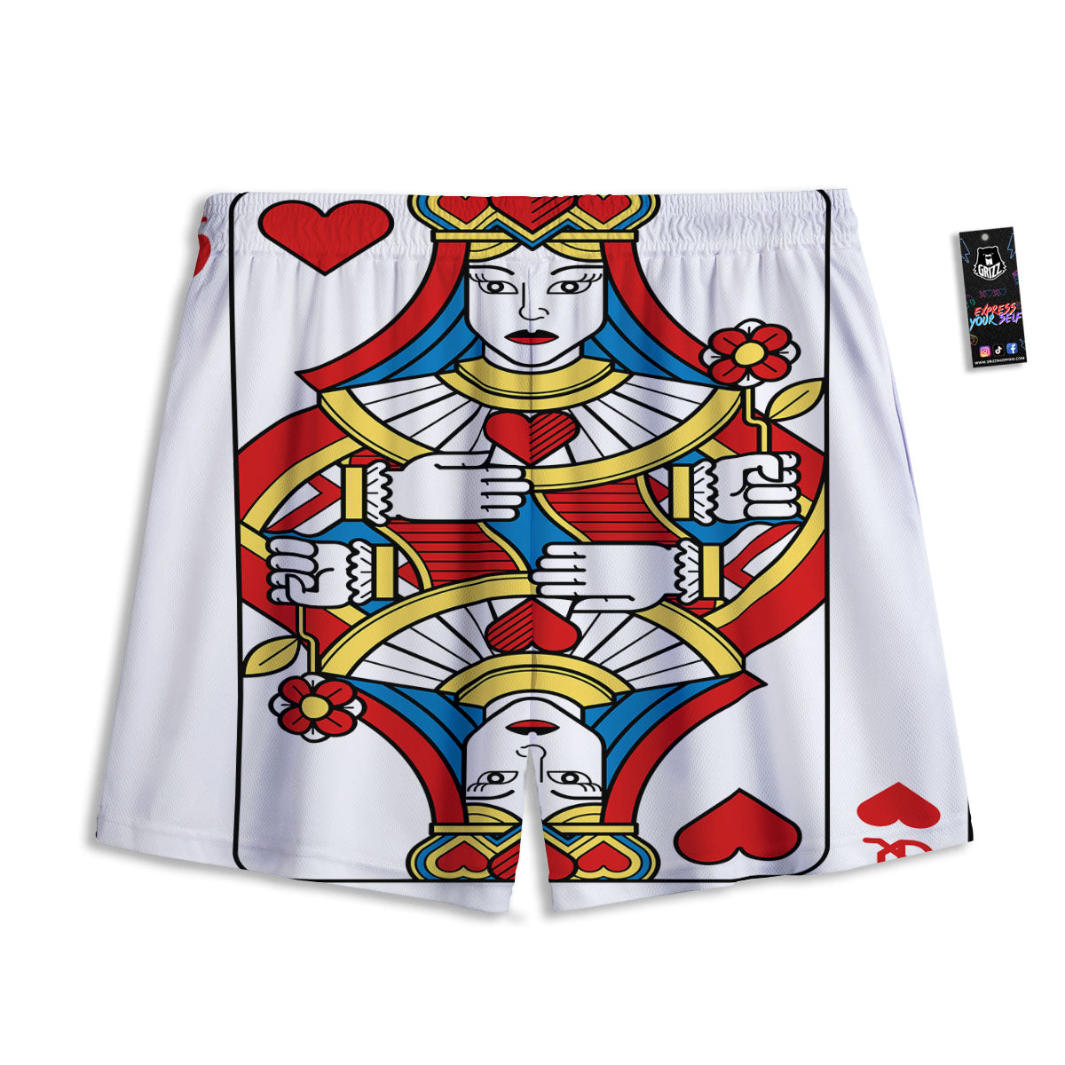 Playing Card Queen Of Hearts Print Mesh Shorts