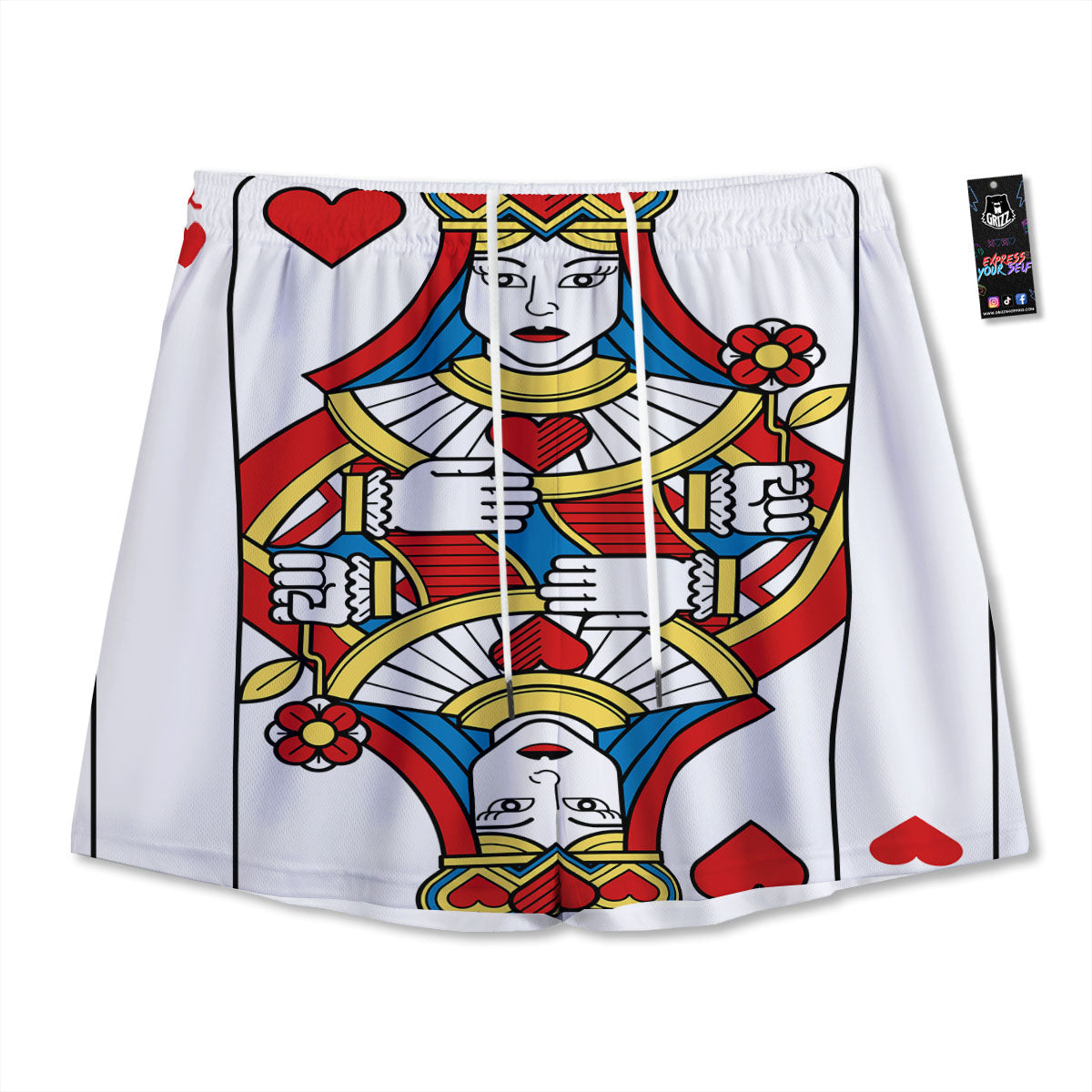 Playing Card Queen Of Hearts Print Mesh Shorts