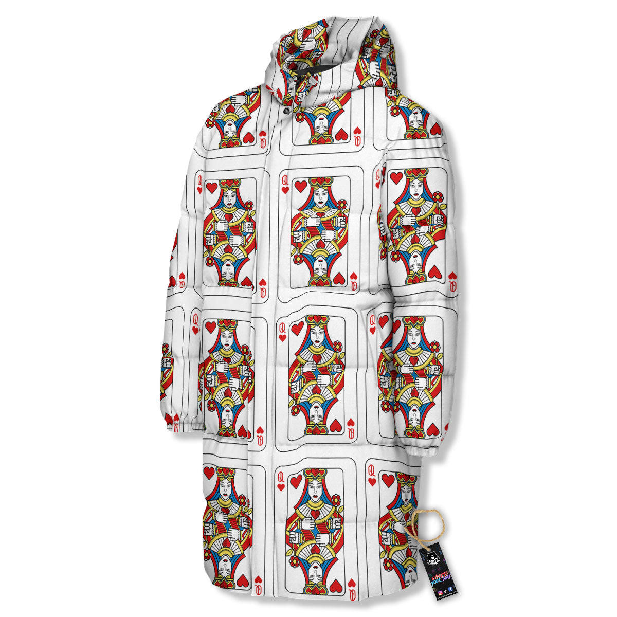 Playing Card Queen Of Hearts Print Pattern Long Down Jacket-grizzshop