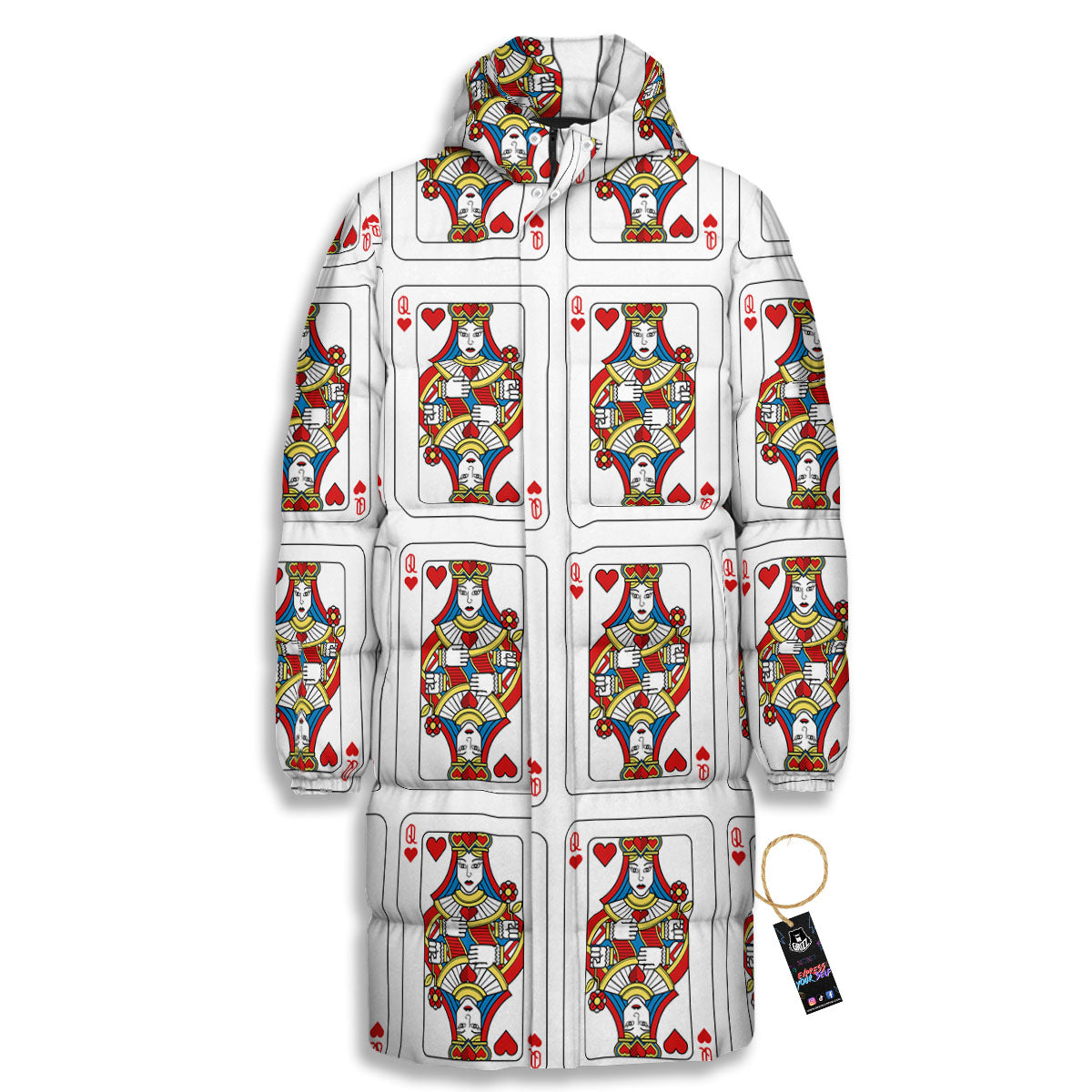 Playing Card Queen Of Hearts Print Pattern Long Down Jacket-grizzshop