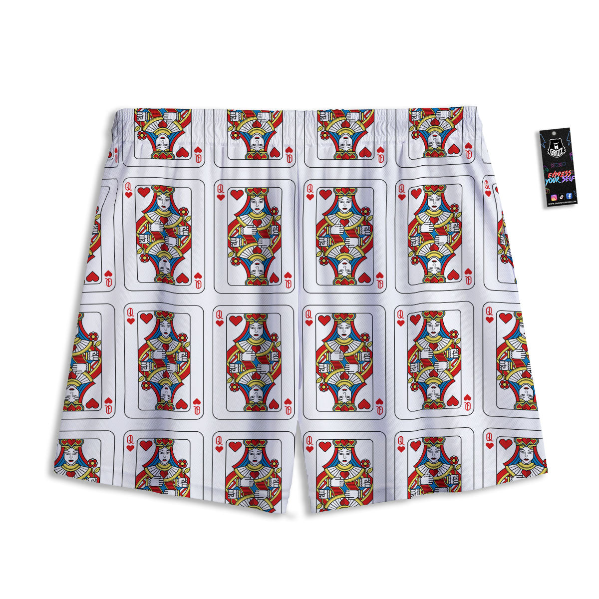 Playing Card Queen Of Hearts Print Pattern Mesh Shorts