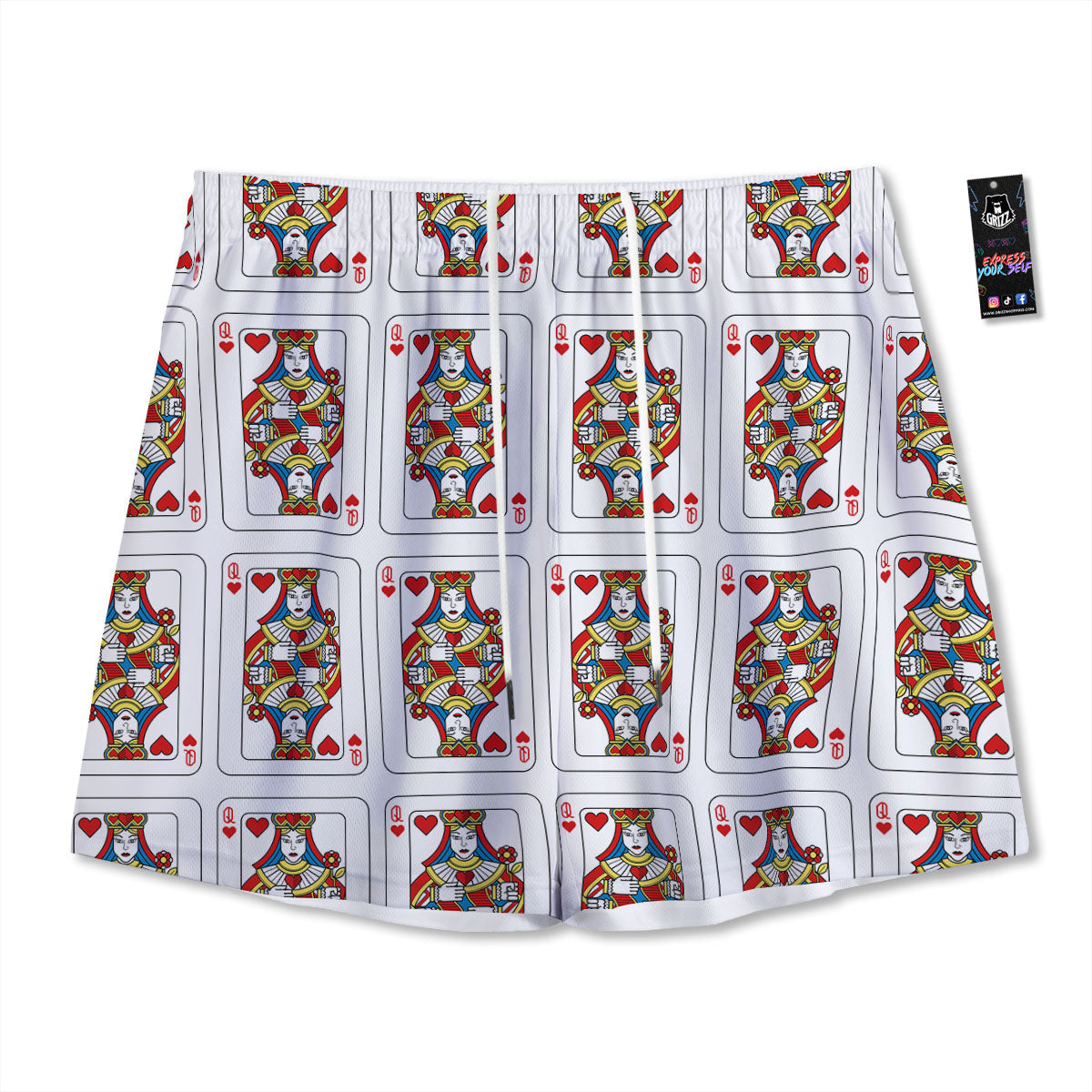 Playing Card Queen Of Hearts Print Pattern Mesh Shorts