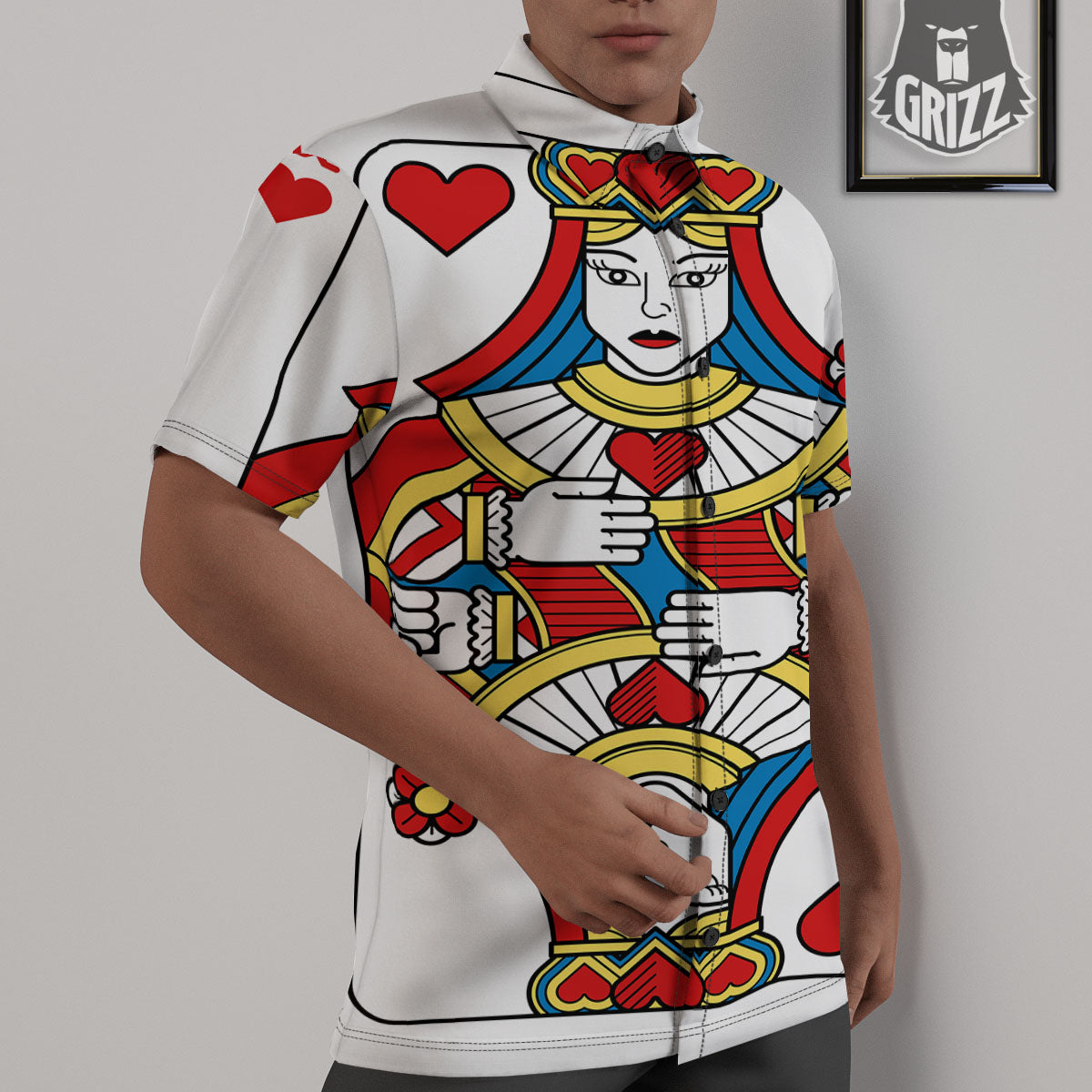 Playing Card Queen Of Hearts Print Untucked Shirts-grizzshop