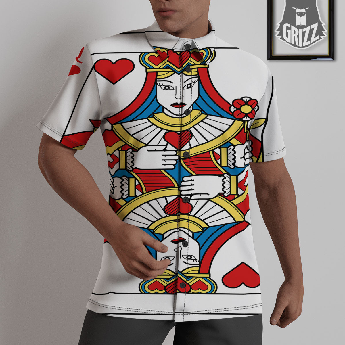 Playing Card Queen Of Hearts Print Untucked Shirts-grizzshop