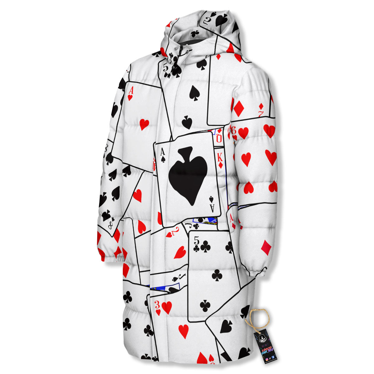 Playing Card Suits Black And Red Print Long Down Jacket-grizzshop