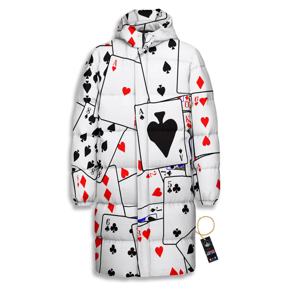 Playing Card Suits Black And Red Print Long Down Jacket-grizzshop