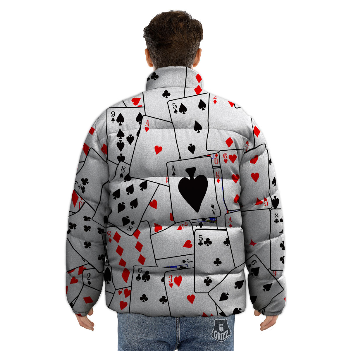 Playing Card Suits Black And Red Print Puffer Jacket-grizzshop