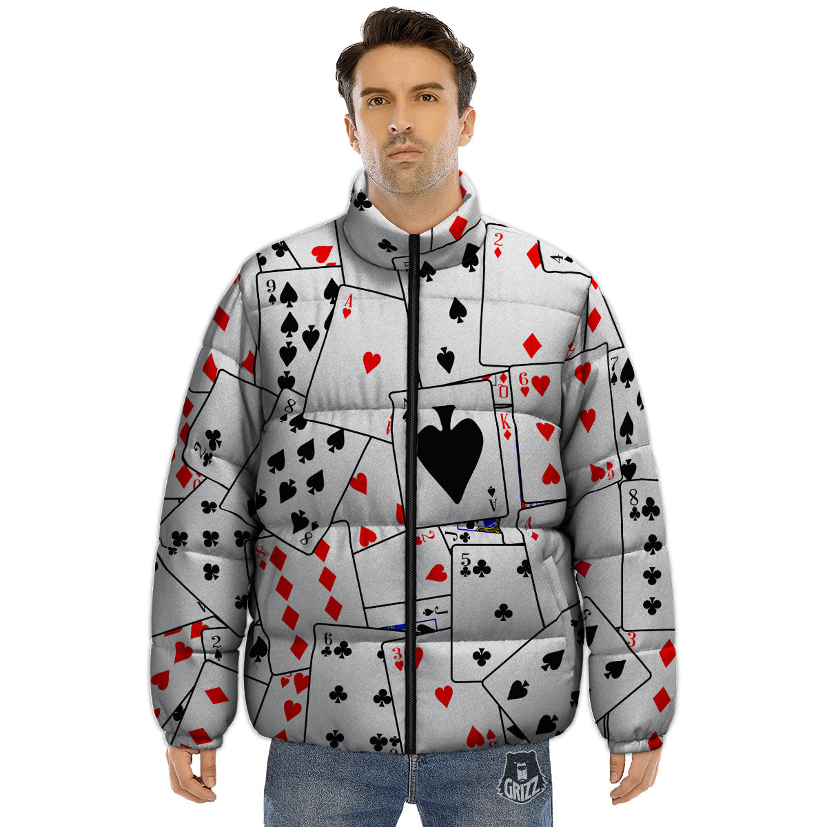 Playing Card Suits Black And Red Print Puffer Jacket-grizzshop