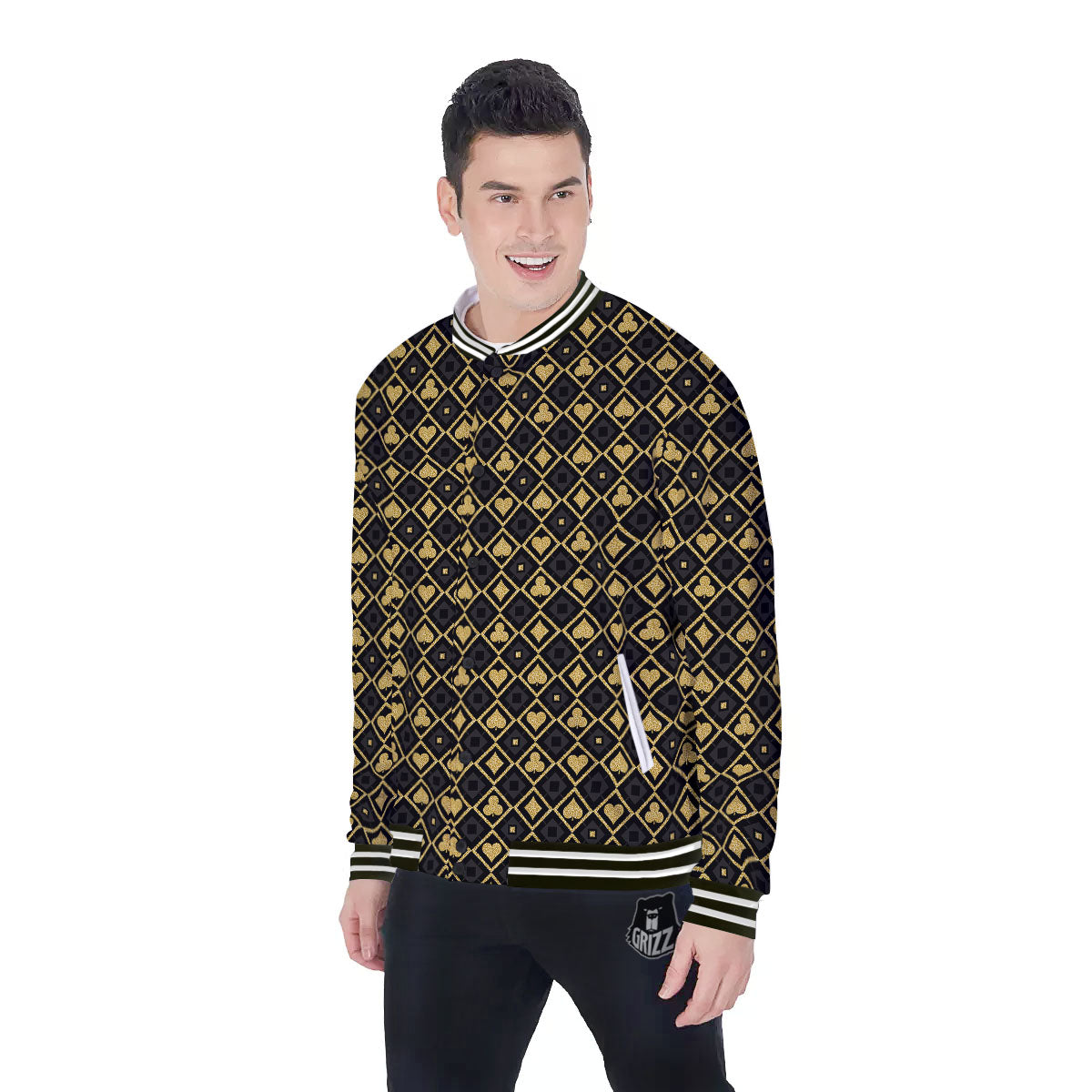 Playing Card Suits Gold Print Pattern Baseball Jacket-grizzshop