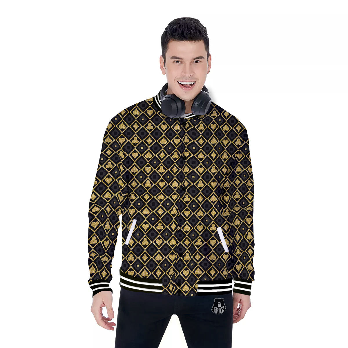 Playing Card Suits Gold Print Pattern Baseball Jacket-grizzshop
