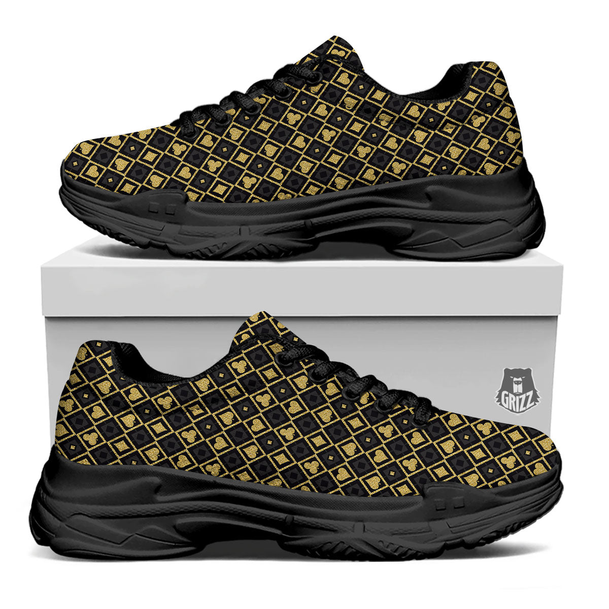 Playing Card Suits Gold Print Pattern Black Chunky Shoes-grizzshop