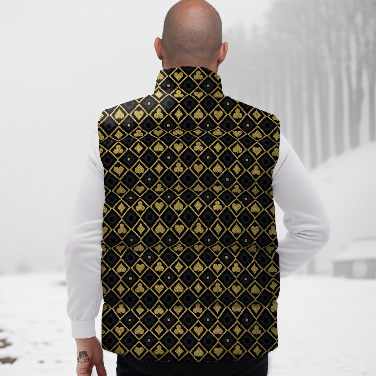 Playing Card Suits Gold Print Pattern Down Vest