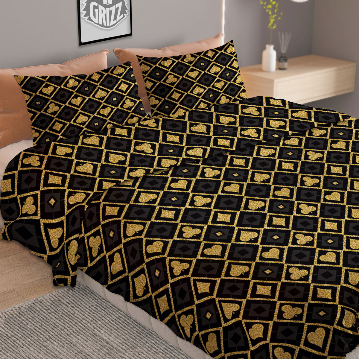 Playing Card Suits Gold Print Pattern Duvet Cover Bedding Set