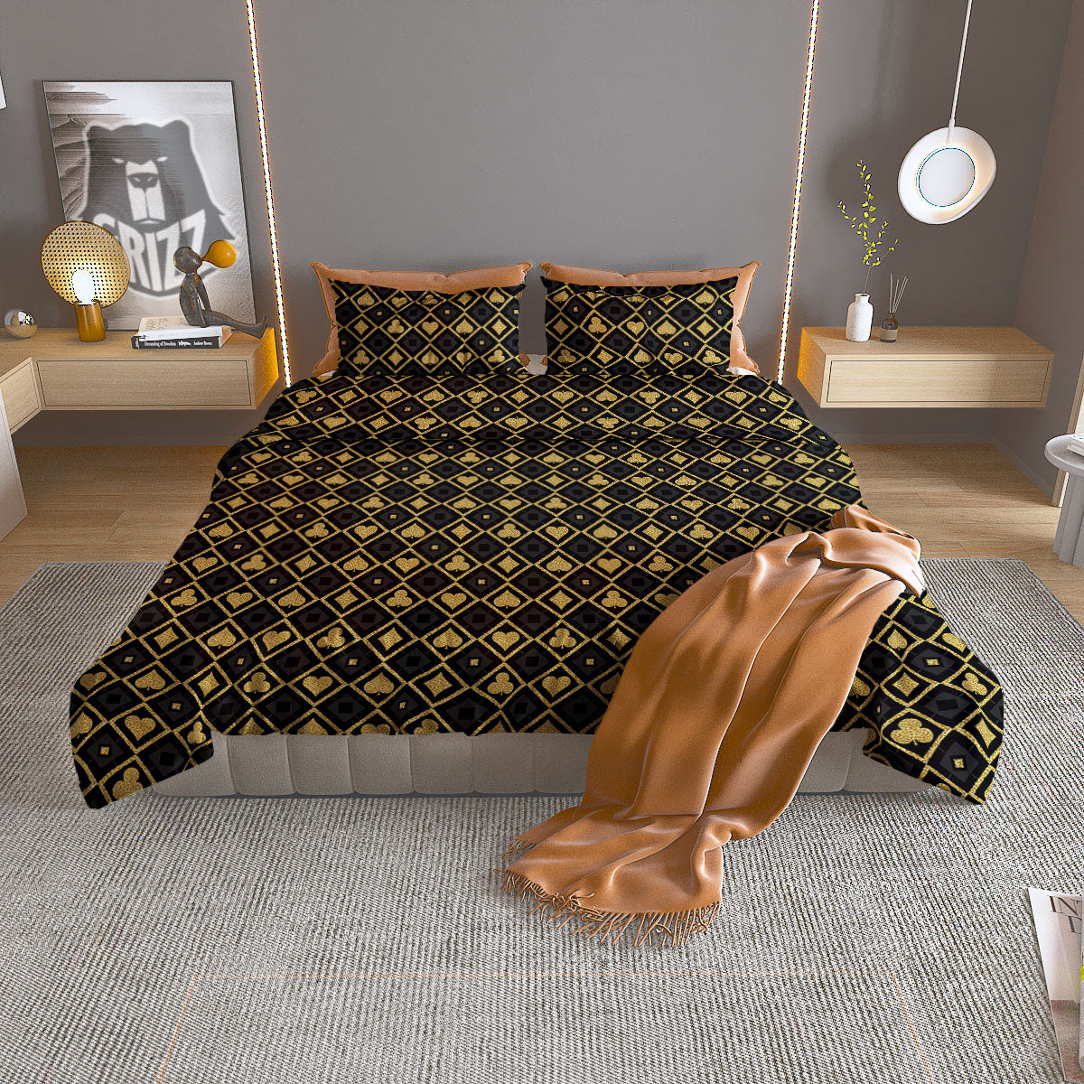 Playing Card Suits Gold Print Pattern Duvet Cover Bedding Set